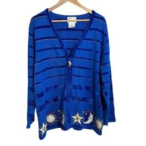 Quacker Factory Celestial Sun Moon Zip Up Sweater XL/1X Grandma Core Magic Star